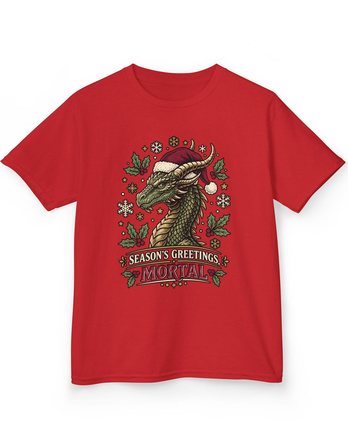 Season's Greetings, Mortal shirt in red featuring a green dragon in a Santa hat with holly and snowflakes