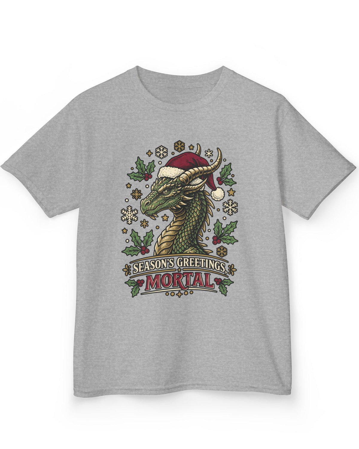 Season's Greetings, Mortal shirt in sport grey featuring a green dragon in a Santa hat with holly and snowflakes