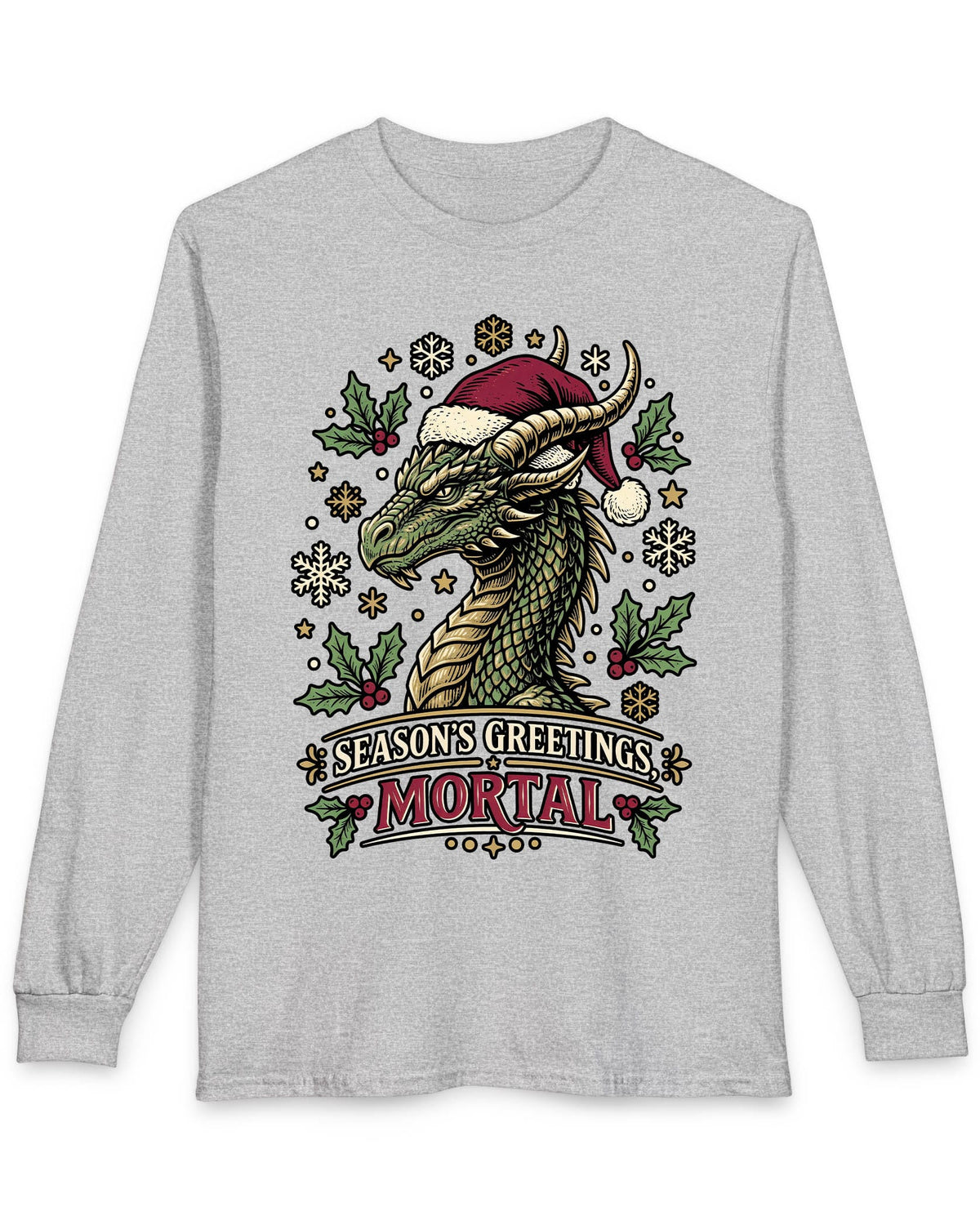 Season's Greetings, Mortal shirt in sport grey featuring a green dragon in a Santa hat with holly and snowflakes