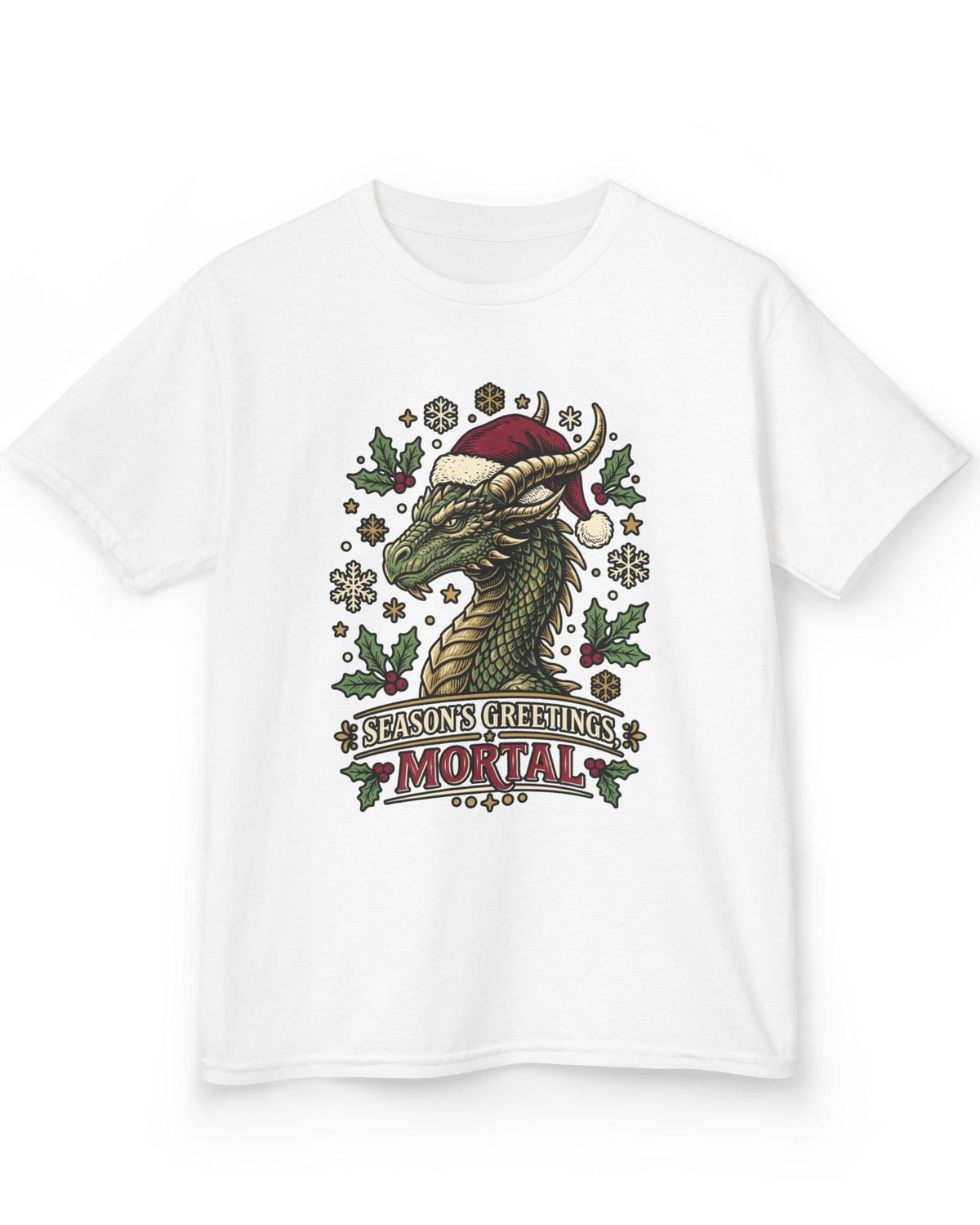 Season's Greetings, Mortal shirt in white featuring a green dragon in a Santa hat with holly and snowflakes