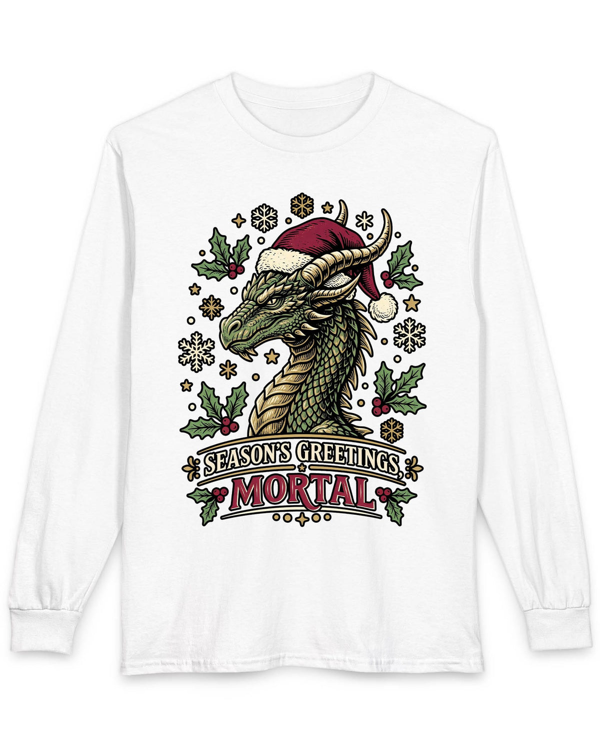 Season's Greetings, Mortal shirt in white featuring a green dragon in a Santa hat with holly and snowflakes