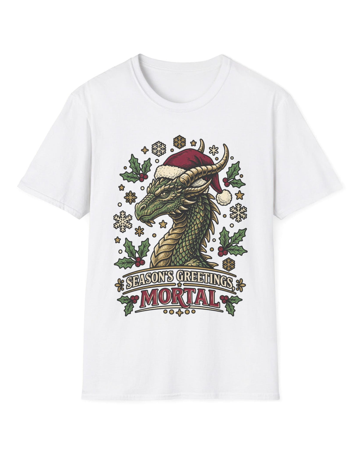 Season's Greetings, Mortal shirt in white featuring a green dragon in a Santa hat with holly and snowflakes