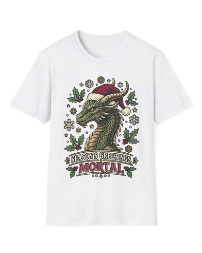 Season's Greetings, Mortal shirt in white featuring a green dragon in a Santa hat with holly and snowflakes