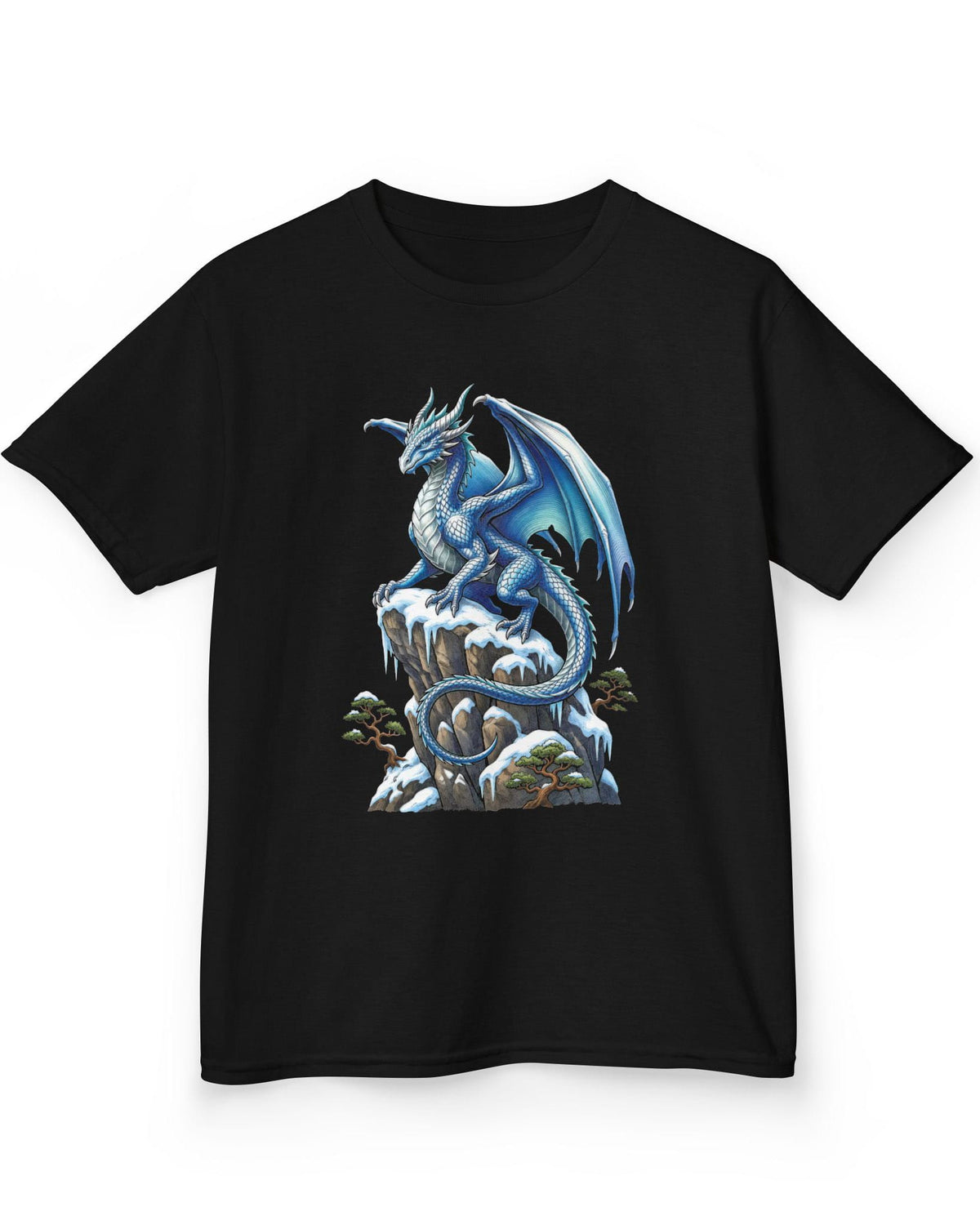 Winter Watch shirt in black featuring a blue and white dragon perched on a snow-covered rocky cliff with pine trees