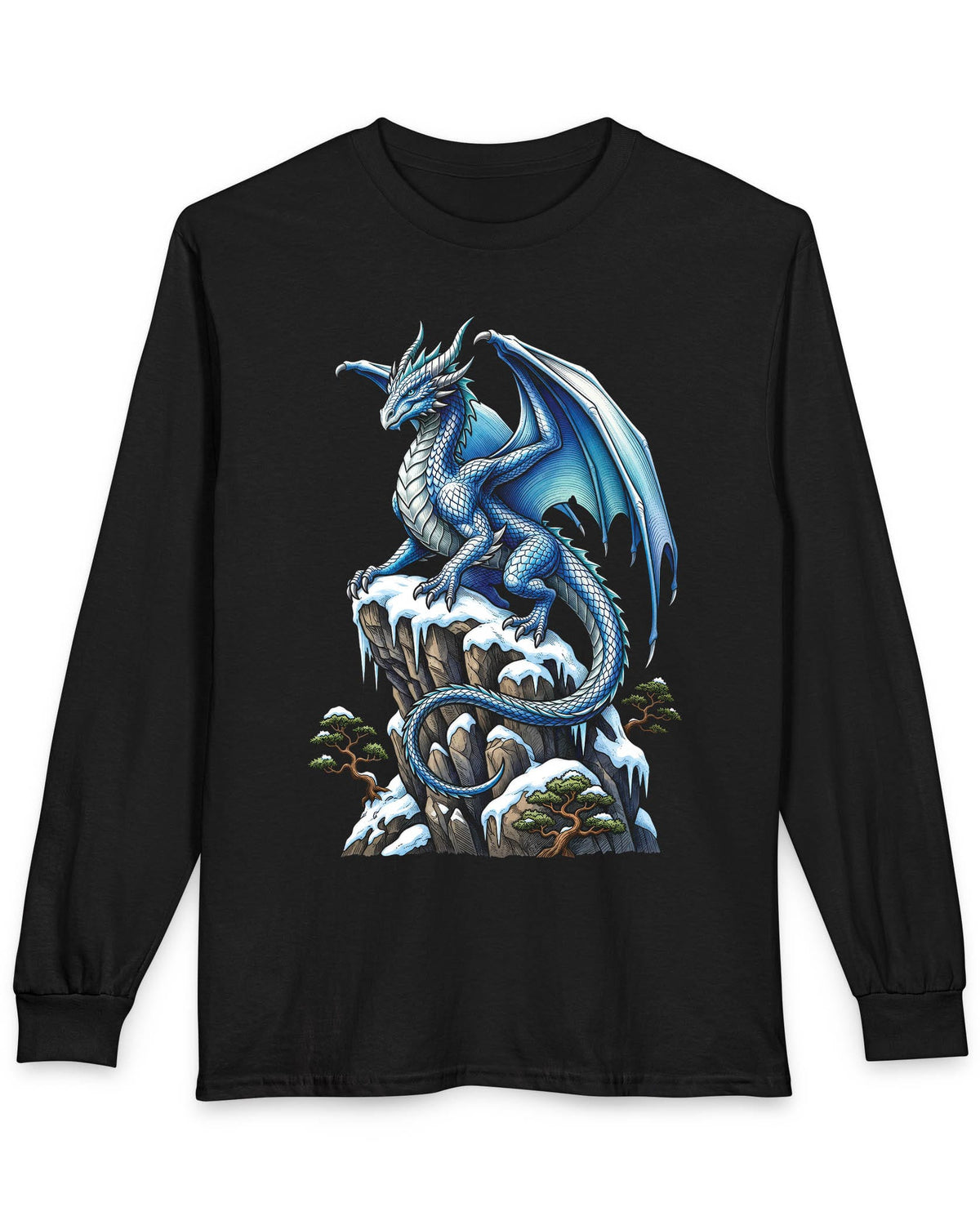 Winter Watch shirt in black featuring a blue and white dragon perched on a snow-covered rocky cliff with pine trees