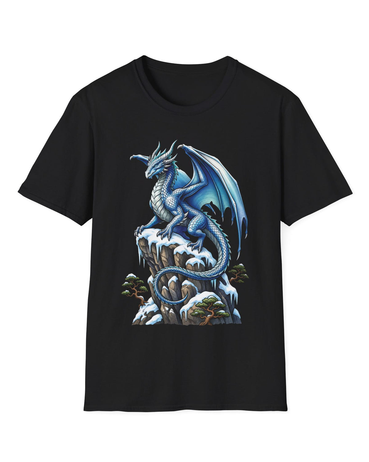 Winter Watch shirt in black featuring a blue and white dragon perched on a snow-covered rocky cliff with pine trees