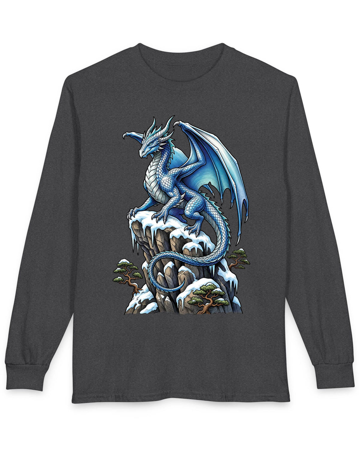 Winter Watch shirt in dark heather featuring a blue and white dragon perched on a snow-covered rocky cliff with pine trees