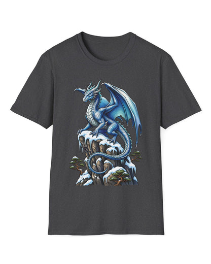 Winter Watch shirt in dark heather featuring a blue and white dragon perched on a snow-covered rocky cliff with pine trees
