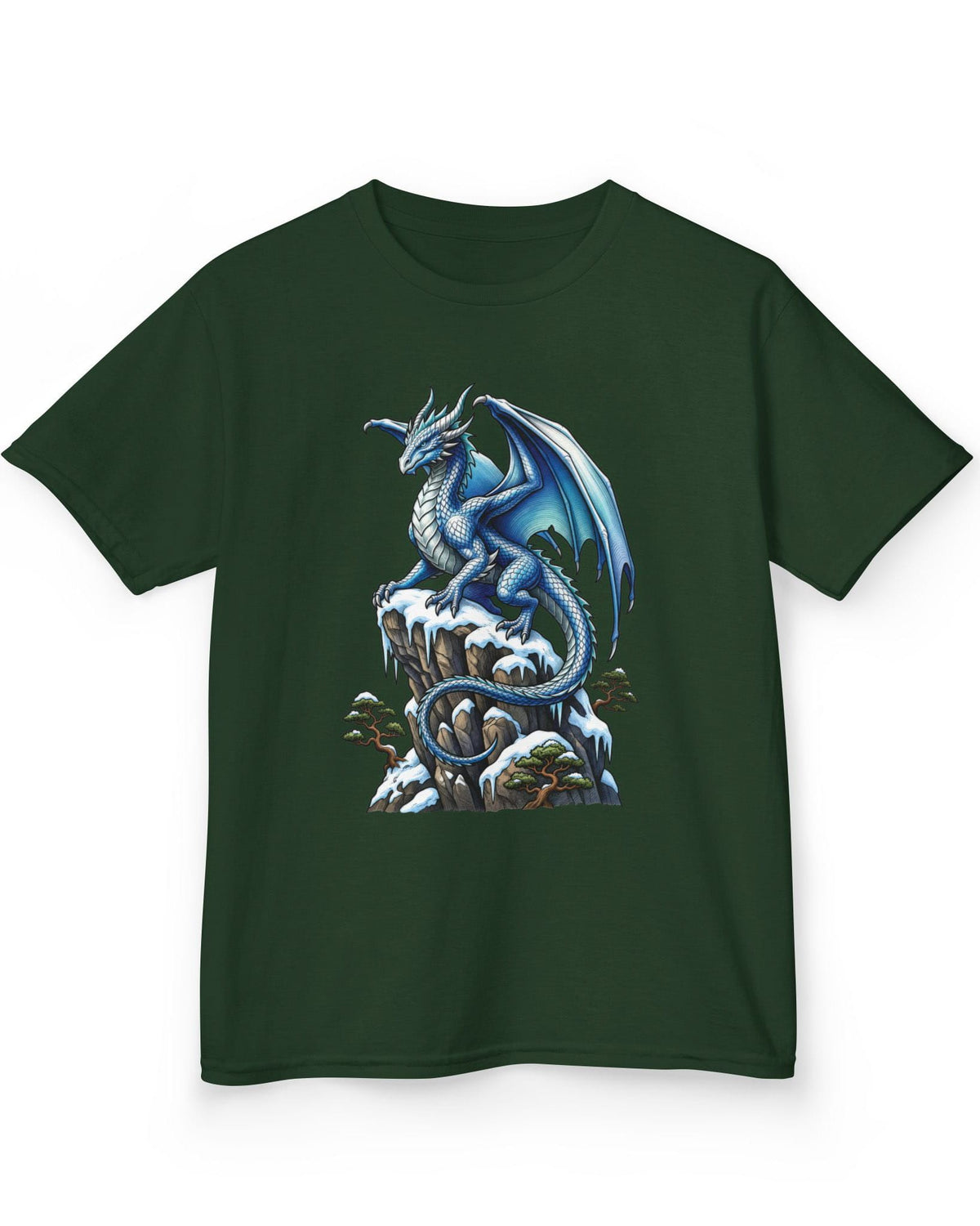 Winter Watch shirt in forest green featuring a blue and white dragon perched on a snow-covered rocky cliff with pine trees