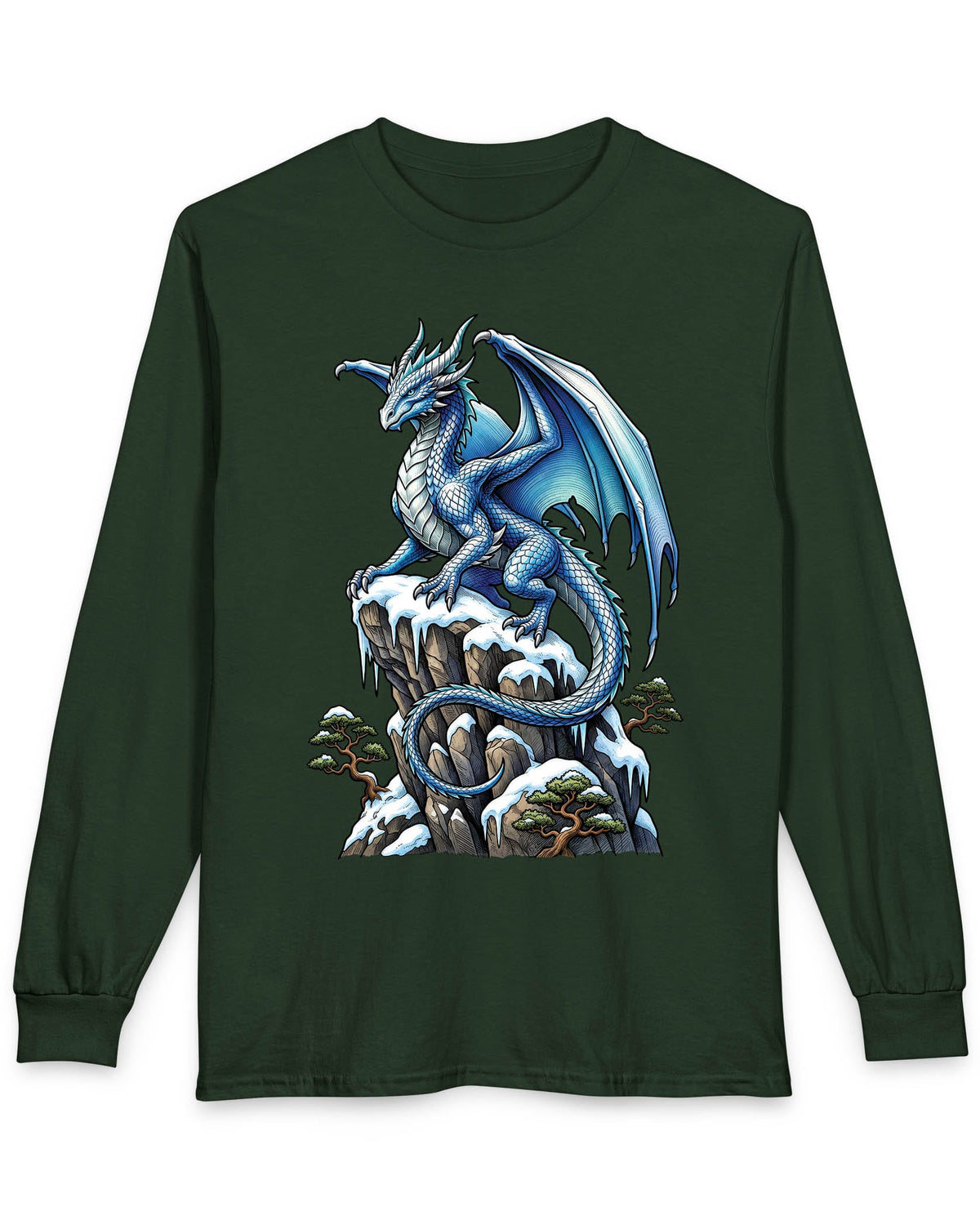 Winter Watch shirt in forest green featuring a blue and white dragon perched on a snow-covered rocky cliff with pine trees