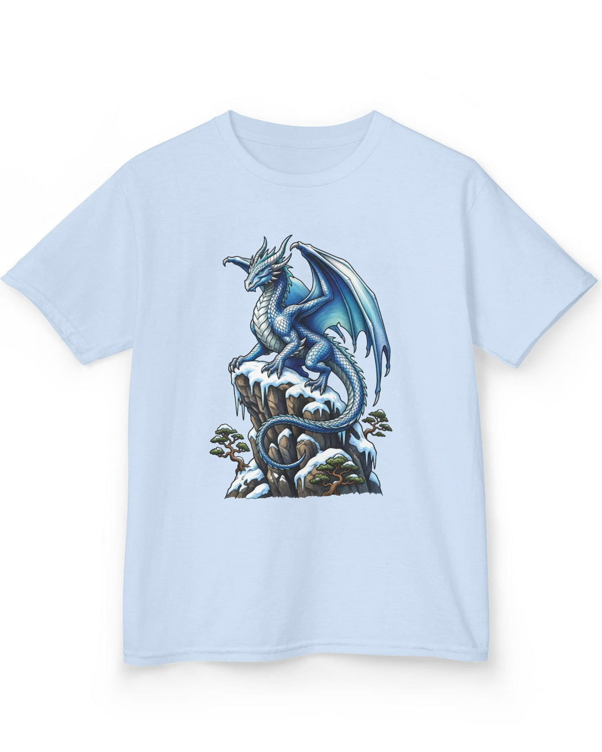Winter Watch shirt in light blue featuring a blue and white dragon perched on a snow-covered rocky cliff with pine trees
