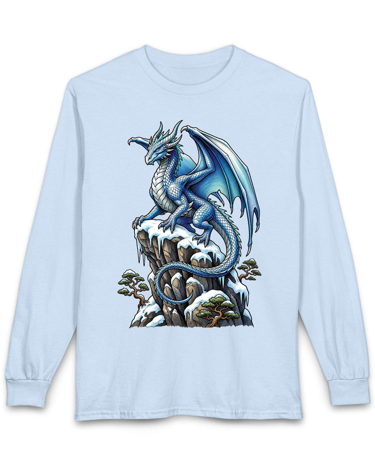 Winter Watch shirt in light blue featuring a blue and white dragon perched on a snow-covered rocky cliff with pine trees