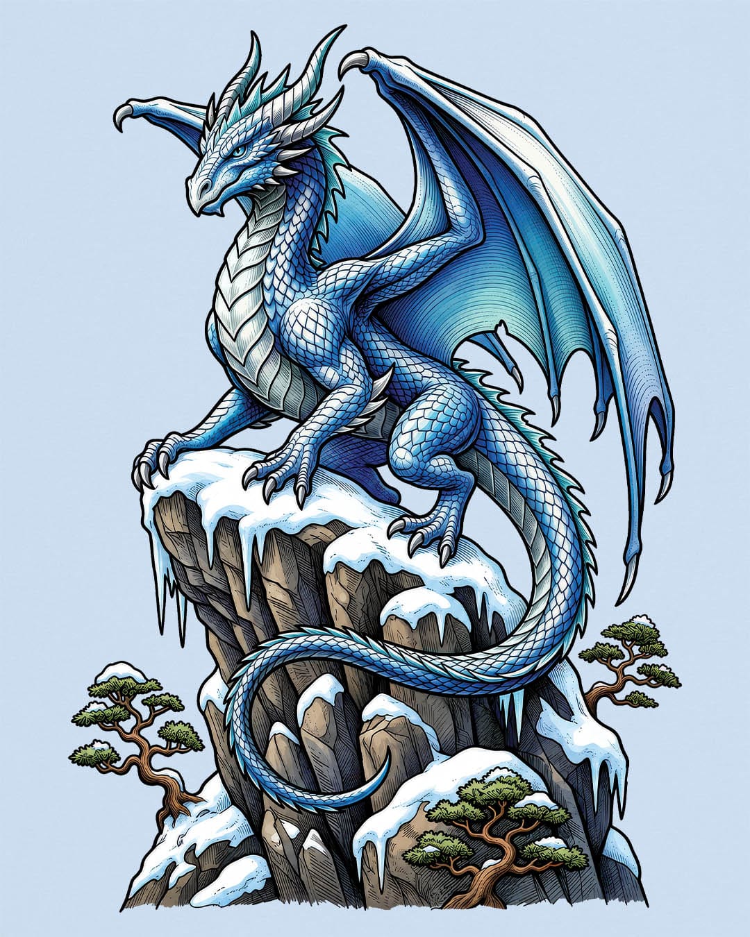 Winter Watch shirt in light blue featuring a blue and white dragon perched on a snow-covered rocky cliff with pine trees