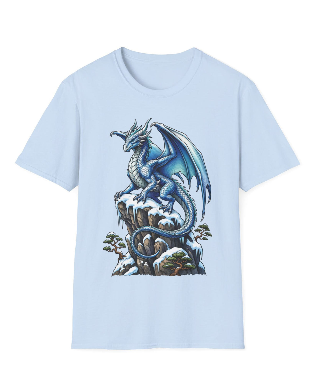 Winter Watch shirt in light blue featuring a blue and white dragon perched on a snow-covered rocky cliff with pine trees