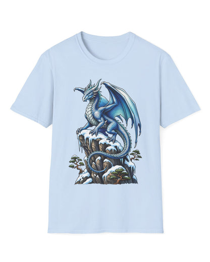 Winter Watch shirt in light blue featuring a blue and white dragon perched on a snow-covered rocky cliff with pine trees