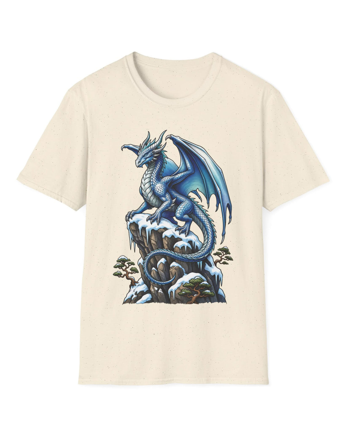 Winter Watch shirt in natural featuring a blue and white dragon perched on a snow-covered rocky cliff with pine trees