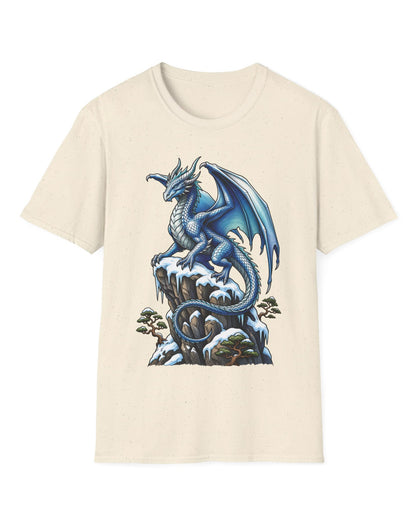 Winter Watch shirt in natural featuring a blue and white dragon perched on a snow-covered rocky cliff with pine trees