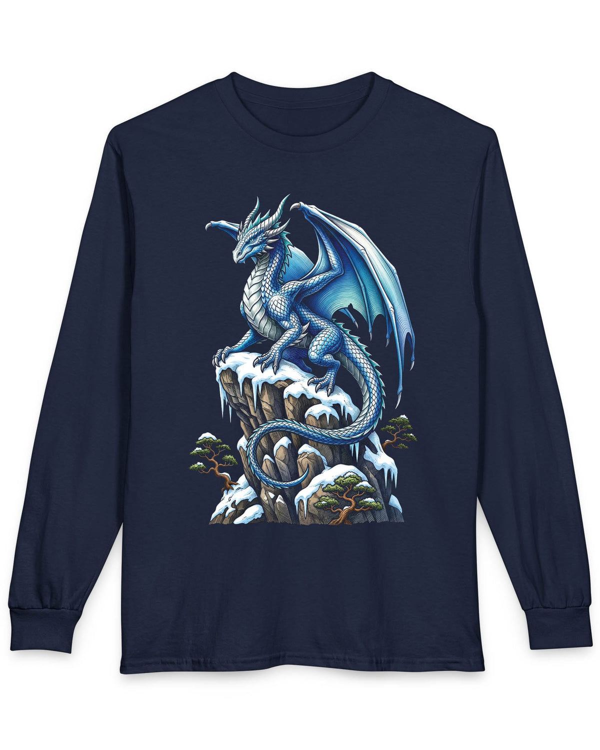 Winter Watch shirt in navy featuring a blue and white dragon perched on a snow-covered rocky cliff with pine trees