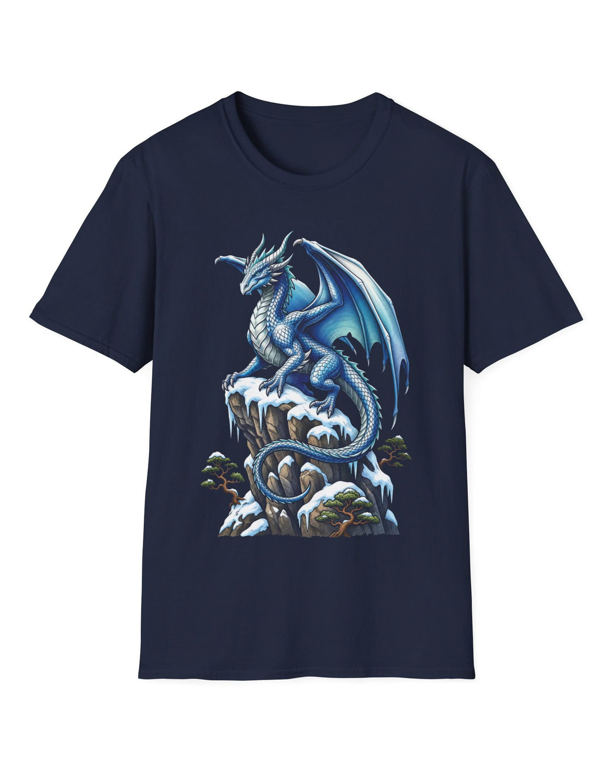 Winter Watch shirt in navy featuring a blue and white dragon perched on a snow-covered rocky cliff with pine trees