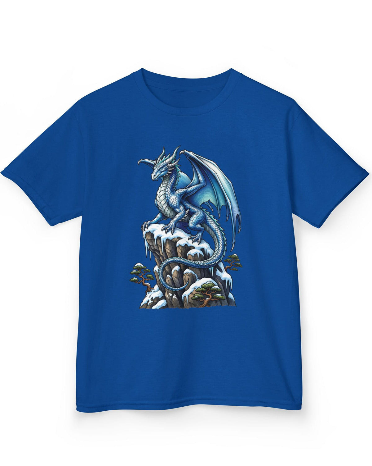 Winter Watch shirt in royal blue featuring a blue and white dragon perched on a snow-covered rocky cliff with pine trees