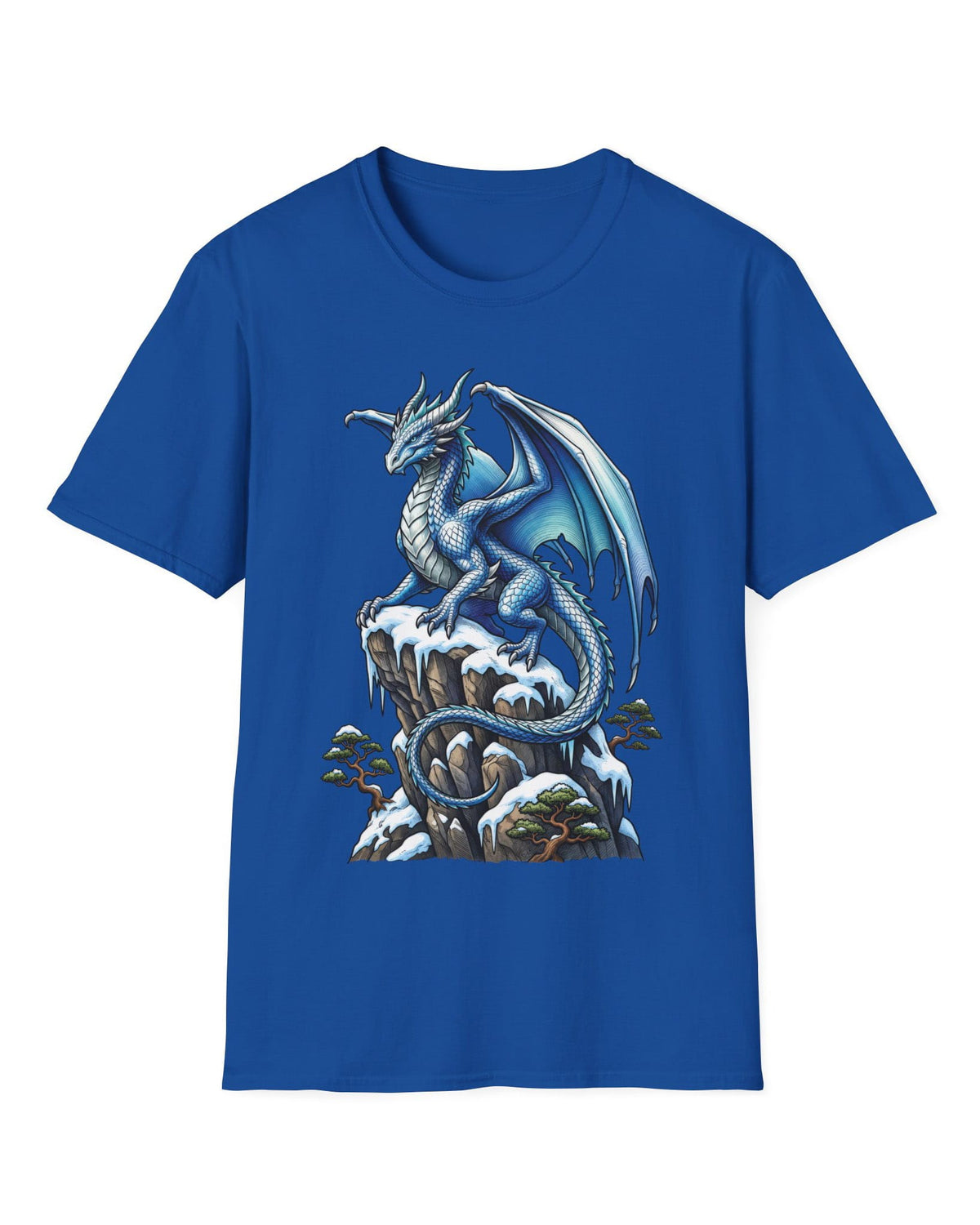 Winter Watch shirt in royal blue featuring a blue and white dragon perched on a snow-covered rocky cliff with pine trees