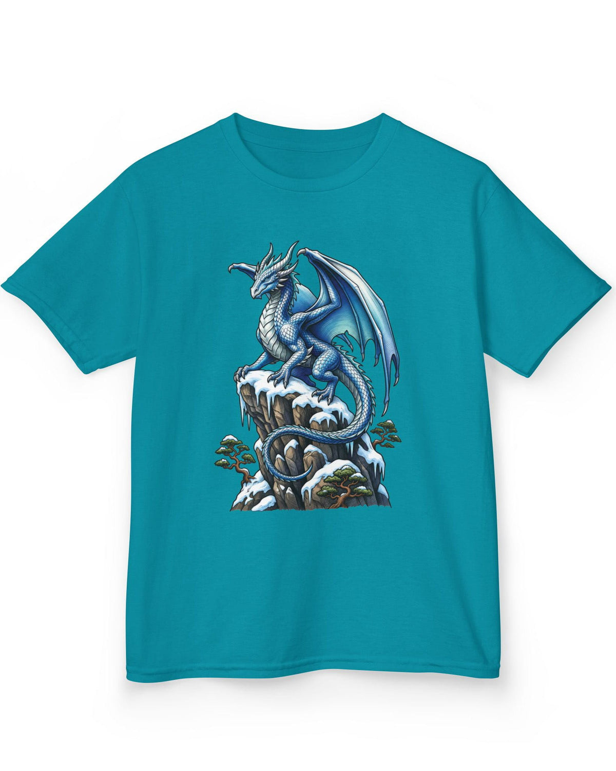 Winter Watch shirt in tropical blue featuring a blue and white dragon perched on a snow-covered rocky cliff with pine trees