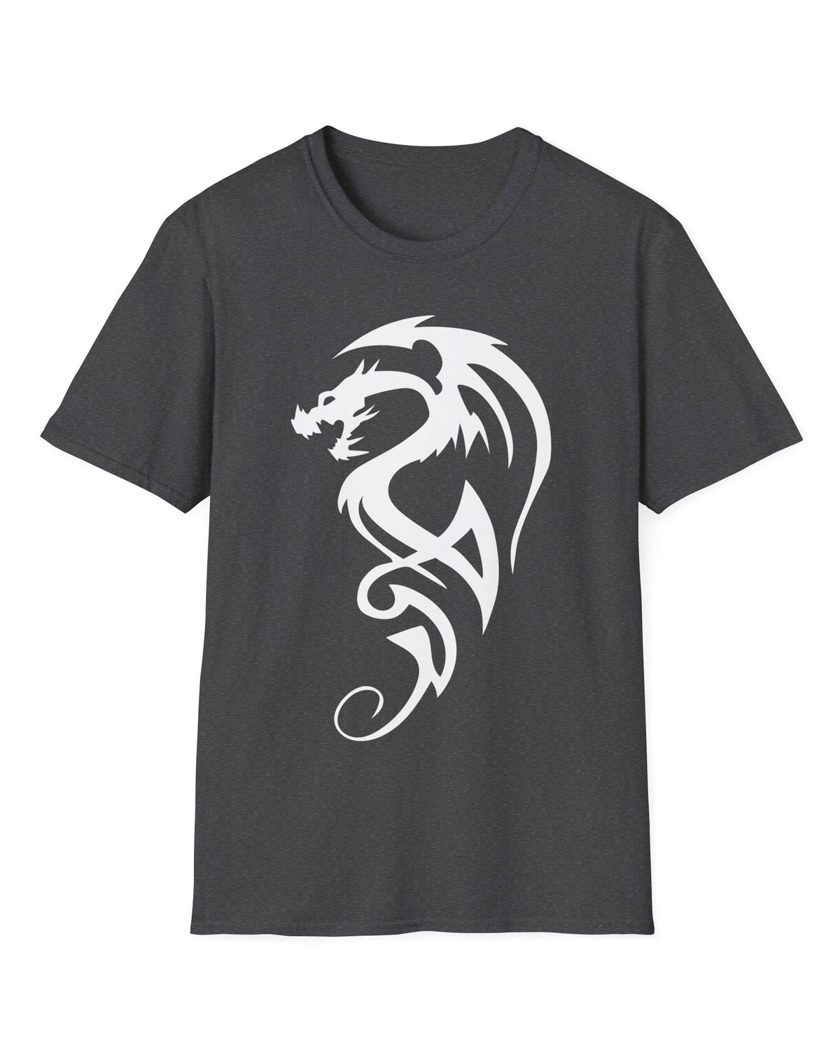 Tribal Dragon Mark shirt in dark heather featuring a white tribal-style dragon silhouette