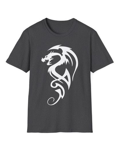 Tribal Dragon Mark shirt in dark heather featuring a white tribal-style dragon silhouette