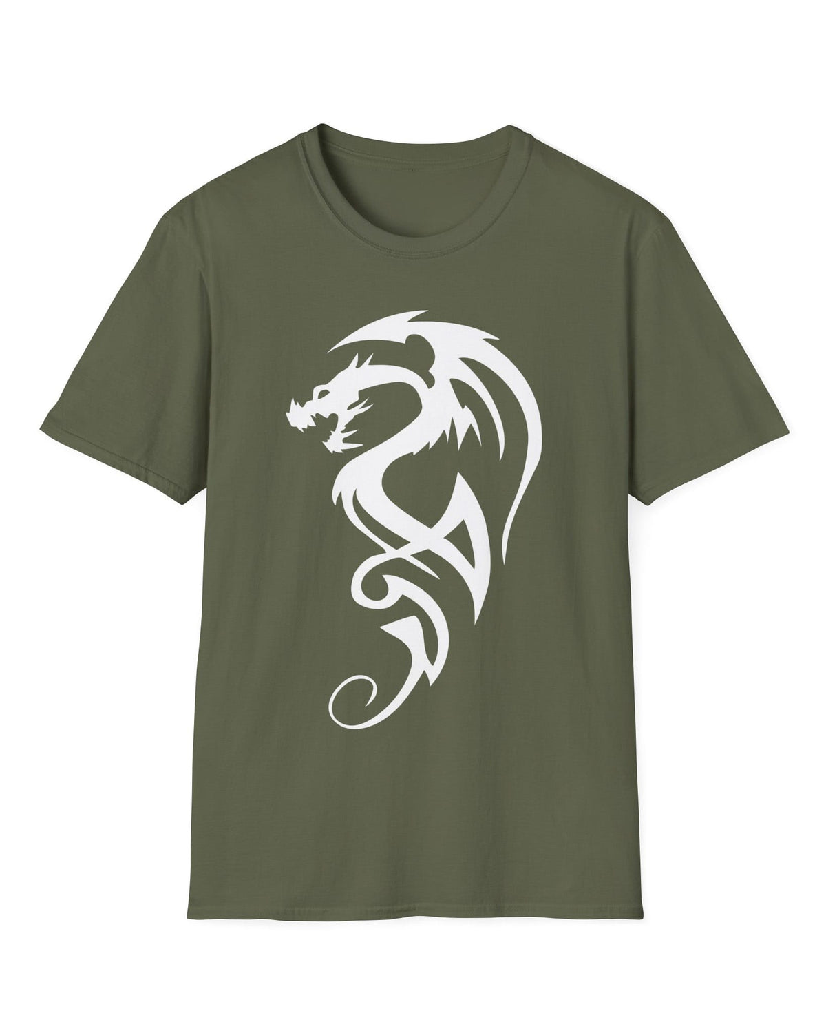 Tribal Dragon Mark shirt in military green featuring a white tribal-style dragon silhouette