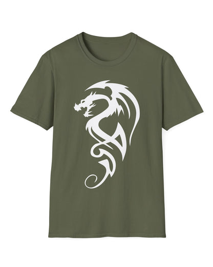 Tribal Dragon Mark shirt in military green featuring a white tribal-style dragon silhouette