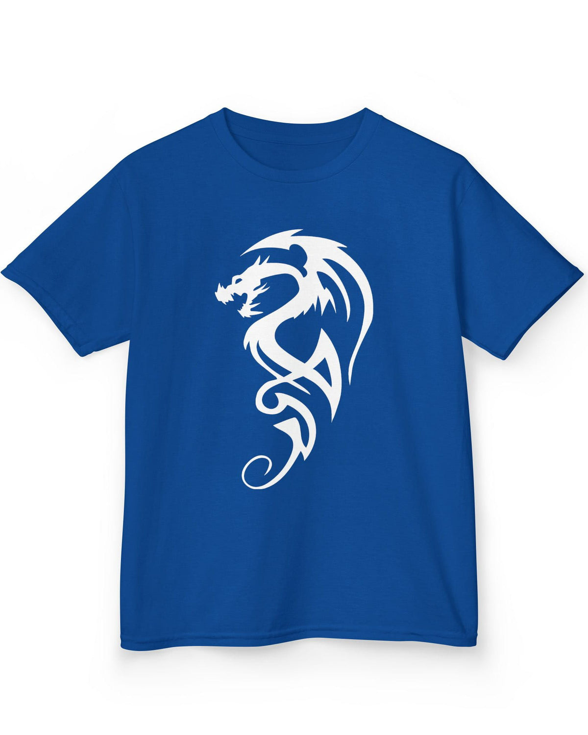 Tribal Dragon Mark shirt in royal blue featuring a white tribal-style dragon silhouette