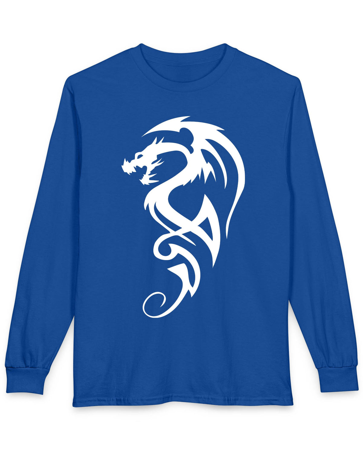 Tribal Dragon Mark shirt in royal blue featuring a white tribal-style dragon silhouette