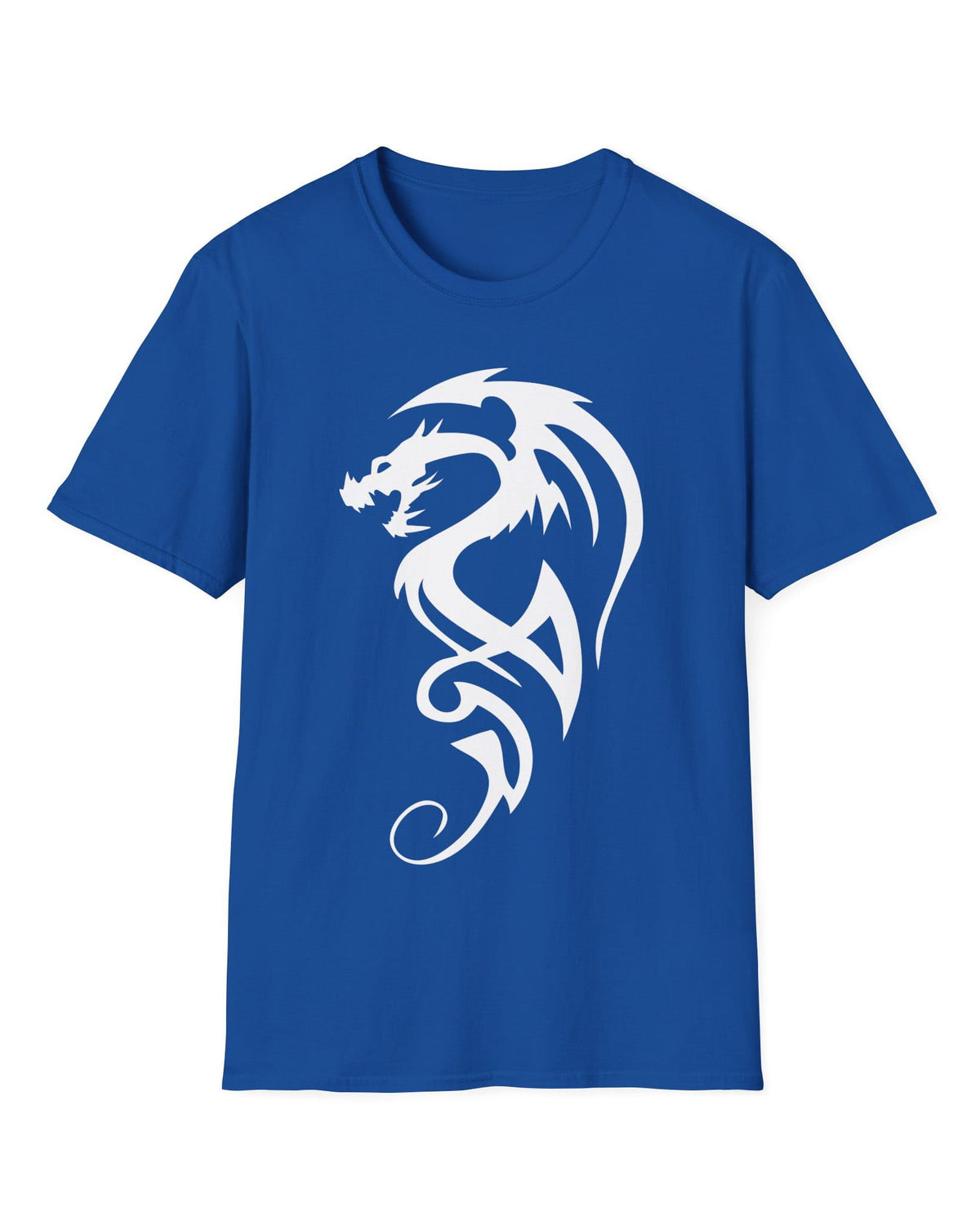Tribal Dragon Mark shirt in royal blue featuring a white tribal-style dragon silhouette