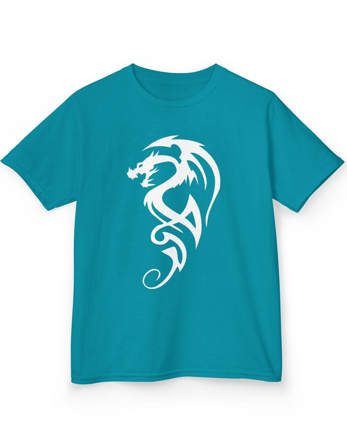 Tribal Dragon Mark shirt in tropical blue featuring a white tribal-style dragon silhouette