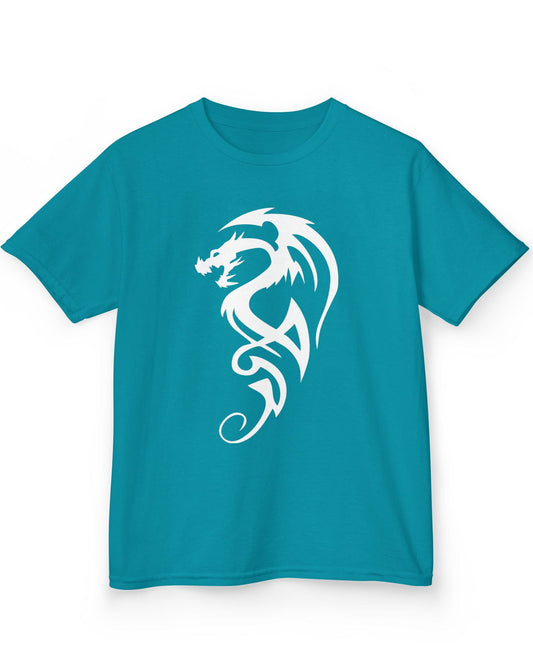 Tribal Dragon Mark shirt in tropical blue featuring a white tribal-style dragon silhouette