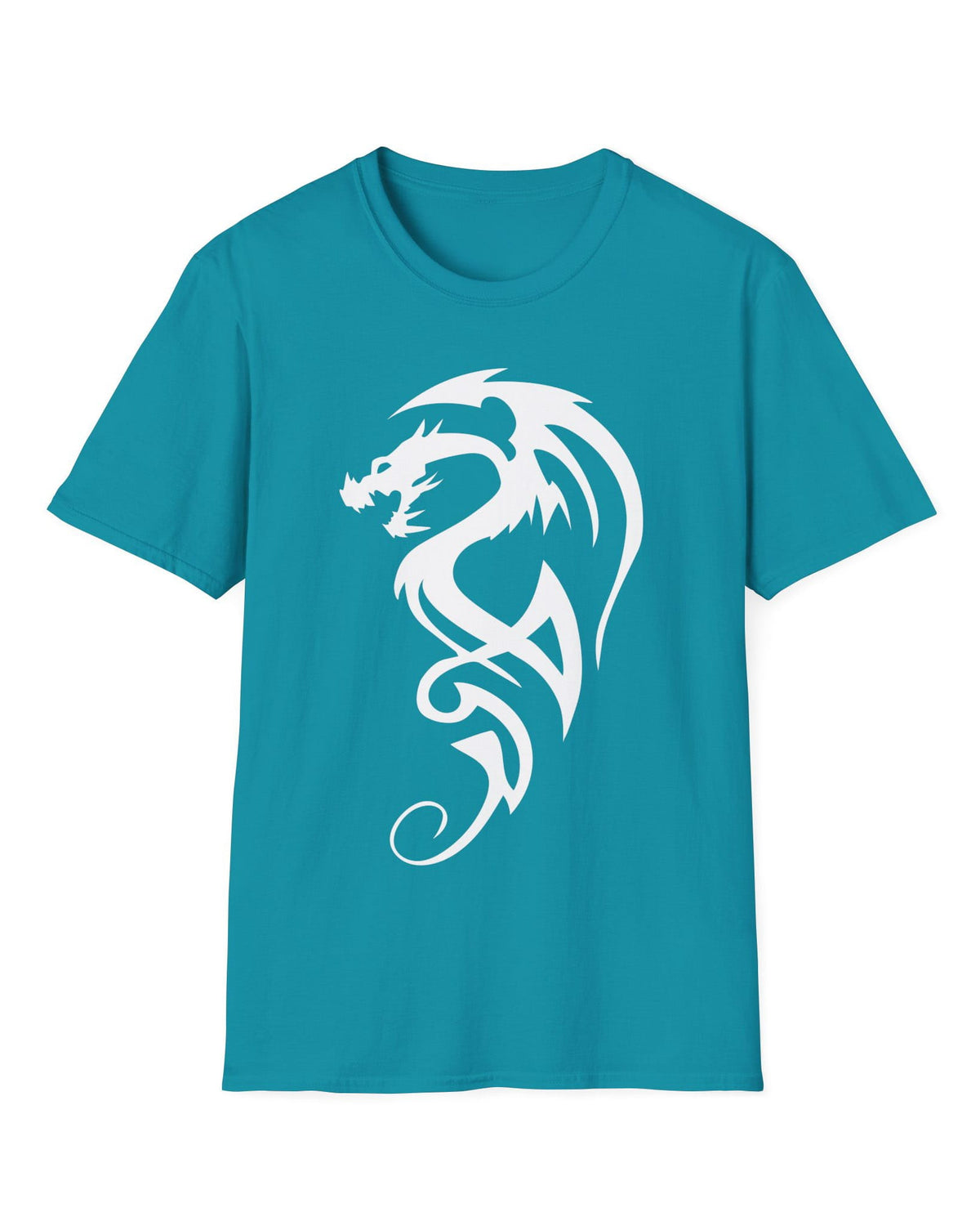 Tribal Dragon Mark shirt in tropical blue featuring a white tribal-style dragon silhouette
