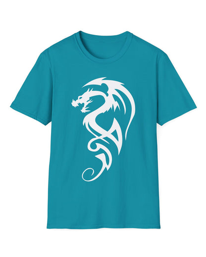 Tribal Dragon Mark shirt in tropical blue featuring a white tribal-style dragon silhouette
