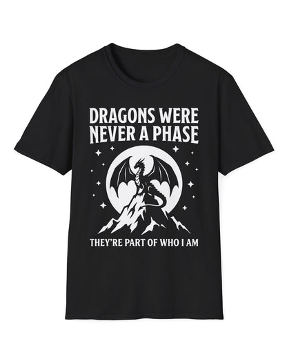 Dragons Were Never a Phase shirt in black featuring a white dragon silhouette, mountains, stars, and bold text