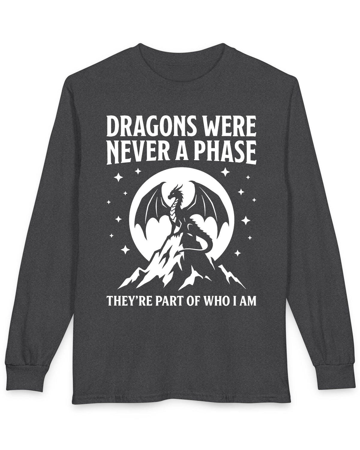 Dragons Were Never a Phase shirt in dark heather featuring a white dragon silhouette, mountains, stars, and bold text