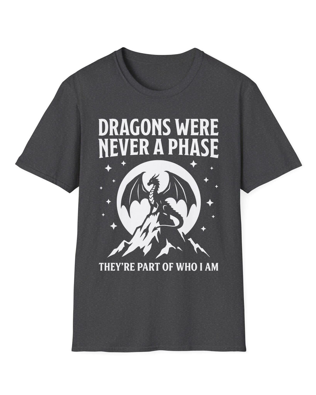 Dragons Were Never a Phase shirt in dark heather featuring a white dragon silhouette, mountains, stars, and bold text