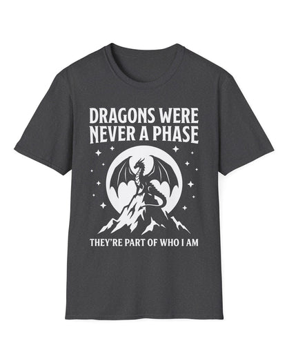 Dragons Were Never a Phase shirt in dark heather featuring a white dragon silhouette, mountains, stars, and bold text