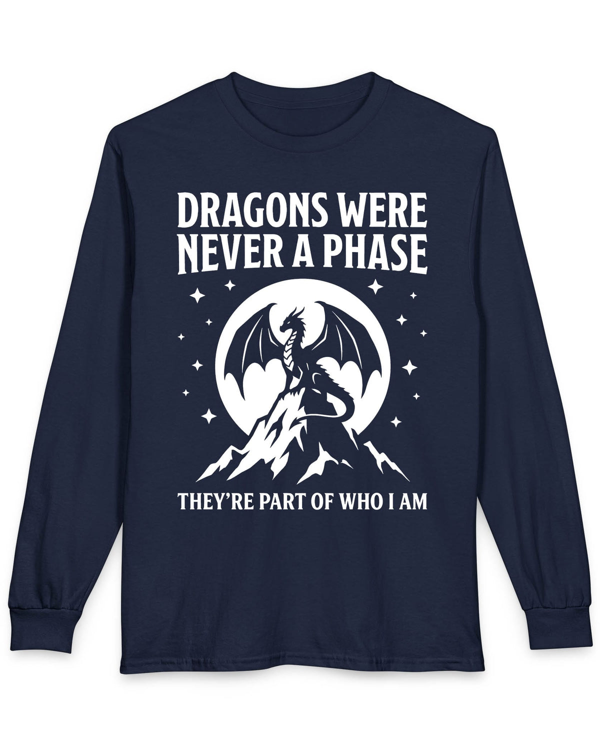 Dragons Were Never a Phase shirt in navy featuring a white dragon silhouette, mountains, stars, and bold text