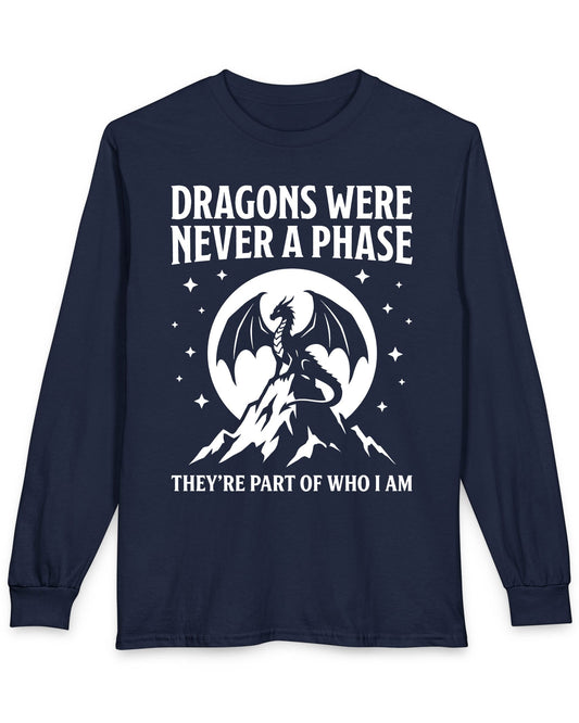 Dragons Were Never a Phase shirt in navy featuring a white dragon silhouette, mountains, stars, and bold text
