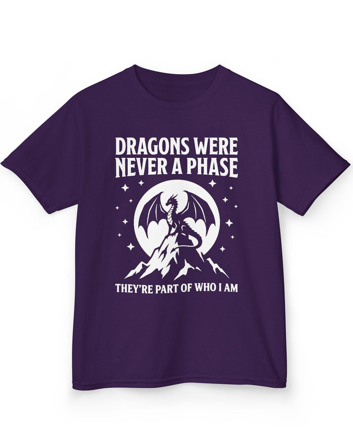 Dragons Were Never a Phase shirt in purple featuring a white dragon silhouette, mountains, stars, and bold text