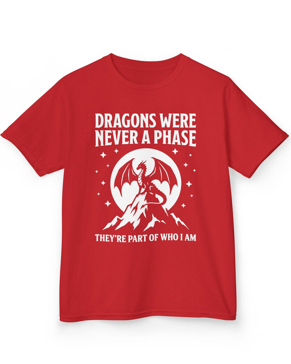 Dragons Were Never a Phase shirt in red featuring a white dragon silhouette, mountains, stars, and bold text