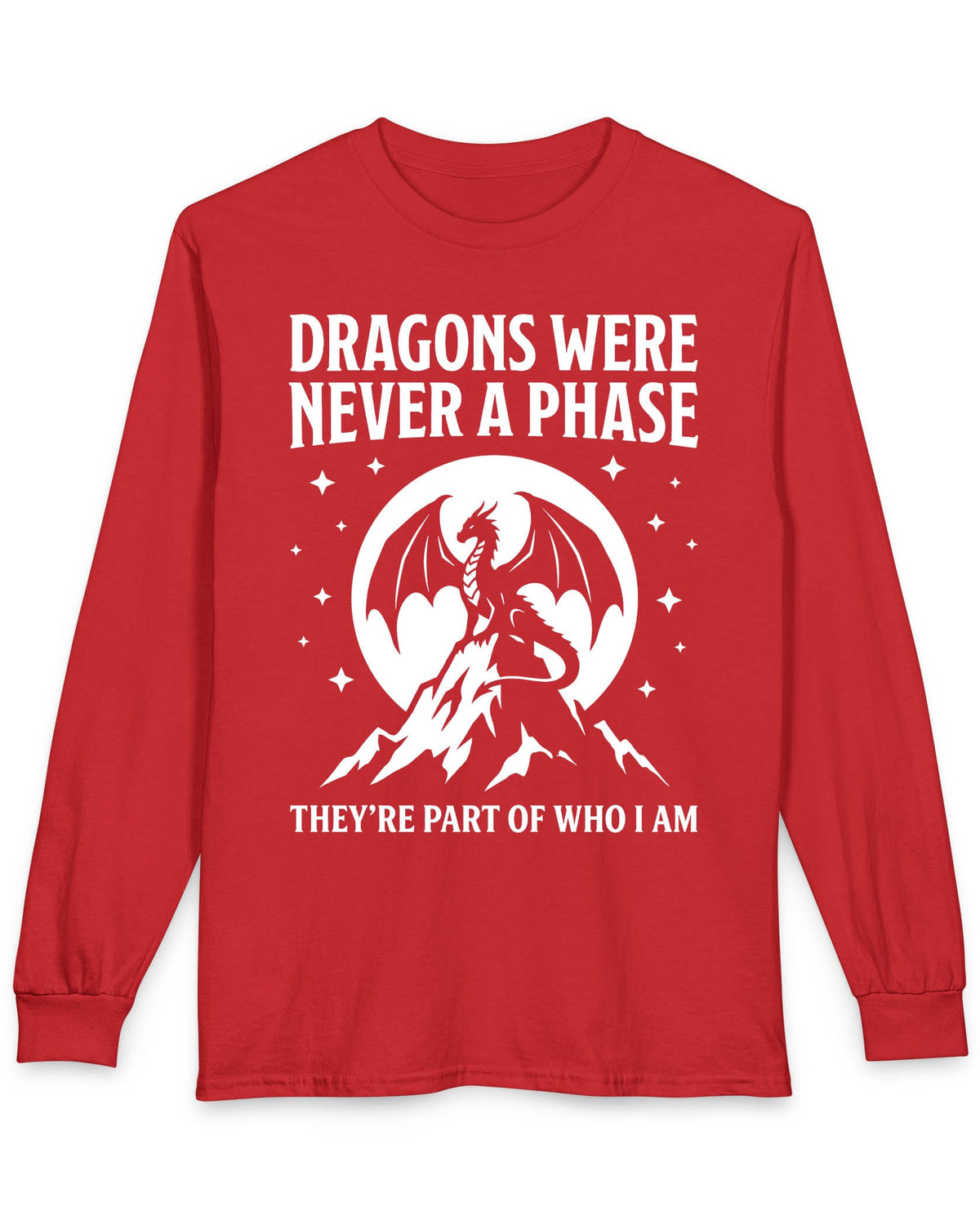 Dragons Were Never a Phase shirt in red featuring a white dragon silhouette, mountains, stars, and bold text