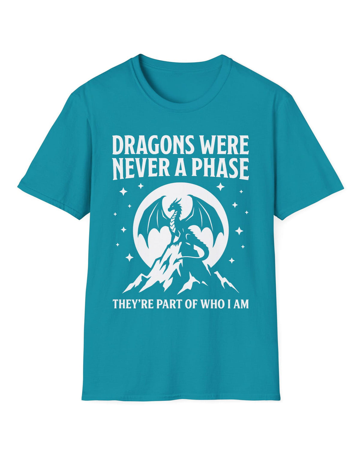 Dragons Were Never a Phase shirt in tropical blue featuring a white dragon silhouette, mountains, stars, and bold text