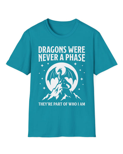 Dragons Were Never a Phase shirt in tropical blue featuring a white dragon silhouette, mountains, stars, and bold text