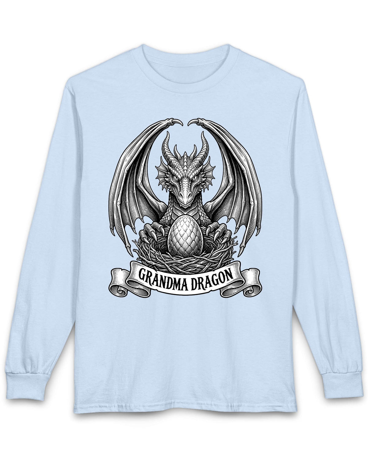 Grandma Dragon shirt in light blue featuring detailed vintage sketch art of a dragon guarding an egg in its nest