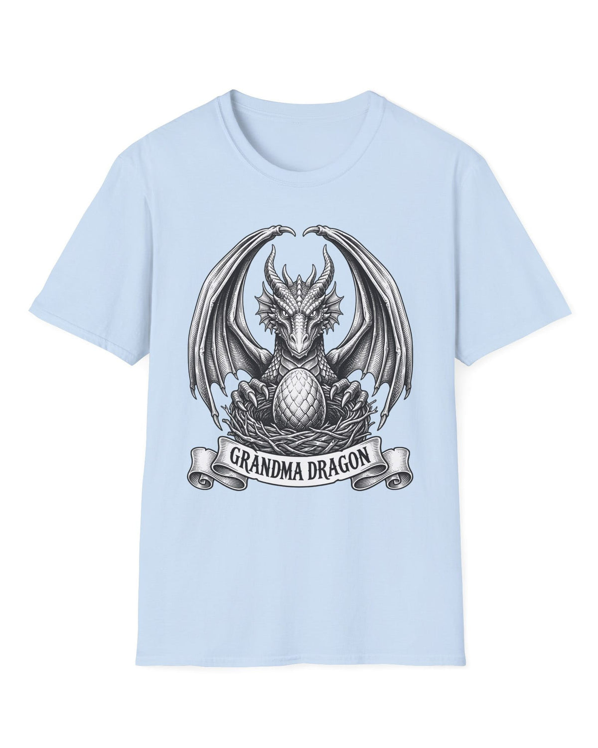 Grandma Dragon shirt in light blue featuring detailed vintage sketch art of a dragon guarding an egg in its nest